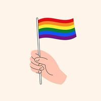 karikaturhand, die regenbogenfahne hält. flagge von lgbt-minderheiten, konzeptillustration, flaches design lokalisierter vektor. vektor