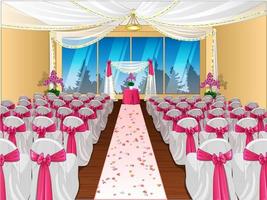 bröllop mötesplats med altare och stolar med rosa pilbågar. vektor illustration