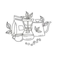 kaffeekanne, tasse und kraftpapiertüten mit kaffeebohnen isoliert auf weißem hintergrund. Doodle-Stil. vektor