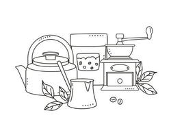 Teekanne, Kaffeemühle, türkische Tasse und Kraftpapiertüten mit Kaffeebohnen isoliert auf weißem Hintergrund. Doodle-Stil. vektor