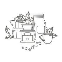 geysir-kaffeemaschine, kaffeemühle, tasse und kraftpapiertüten mit kaffeebohnen lokalisiert auf weißem hintergrund. Doodle-Stil. vektor