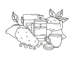 Kaffeekanne, Tasse, Makronen und Kraftpapiertüten mit Kaffeebohnen isoliert auf weißem Hintergrund. Doodle-Stil. vektor