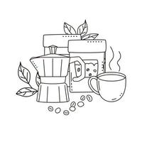 geysir-kaffeemaschine, tasse und kraftpapiertüten mit kaffeebohnen lokalisiert auf weißem hintergrund. Doodle-Stil. vektor