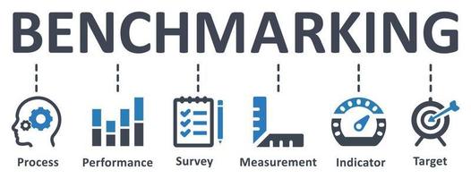 Benchmarking-Symbol - Vektorillustration. Benchmarking, Leistung, Prozess, Umfrage, Messung, Vergleich, Ziel, Infografik, Vorlage, Konzept, Banner, Piktogramm, Symbolsatz, Symbole . vektor