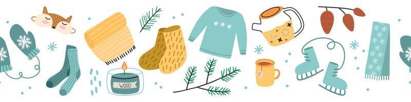 Hygge-Wintermuster-Grenzdesign. süßes und gemütliches nahtloses Wiederholungsbanner des Vektors. illustration von schals, handschuhen, tee, winterwaldlaub. vektor