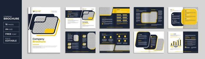 Gelbe Unternehmensbroschüre mit 16 Seiten und Broschürenvorlage, modernes Firmenprofil-Layout pro Vektor