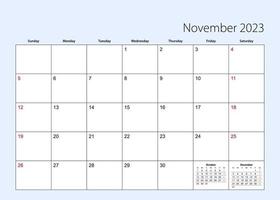 Wandkalenderplaner für November 2023. Englische Sprache, Woche beginnt am Sonntag. vektor
