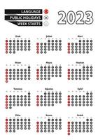 turkiska kalender 2023 med tal i cirklar, vecka börjar på söndag. 2023 med flagga av Kalkon. vektor