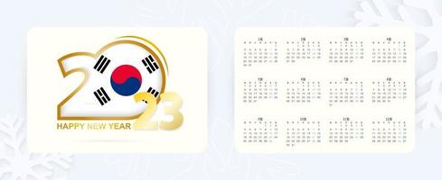 horisontell ficka kalender 2023 i koreanska språk. ny år 2023 ikon med flagga av söder korea. vektor