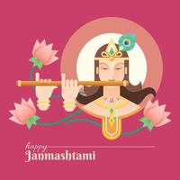 Happy Janmashtami Social Media Banner mit Krishna und Flöte vektor