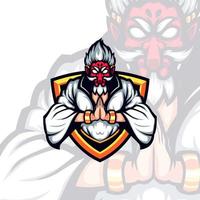 Rotes Gesicht Tengu maskiertes weißes Kimono-Gebetsvektormaskottchen vektor