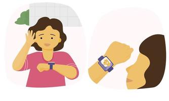 Ein Mädchen spricht mit ihrer Mutter über die Smartwatch und die mobile App. Abbildung flacher Vektor. vektor