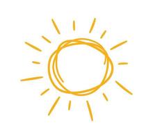 gekritzel kindliche sonne symbol. kritzeln sie gelbe sonne mit strahlensymbol. Gekritzelkinder zeichnen. handgezeichneter Ausbruch. Zeichen für heißes Wetter. Vektor-Illustration isoliert auf weißem Hintergrund vektor