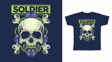 Soldat Cyborg Schädelkopf und Kreuzknochen detailliertes Vektor-T-Shirt-Design vektor