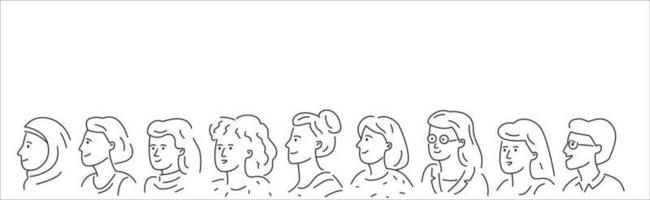 ritad för hand grupp av annorlunda kvinnor. översikt klotter vektor illustration.