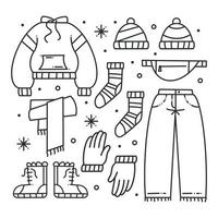 gezeichnete Winterkleidung und Essentials zum Ausmalen vektor