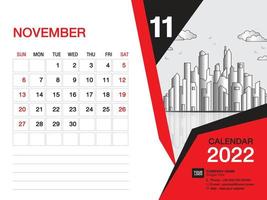 November 2022 Jahr - Tischkalender 2022 Vorlage, Wandkalender 2022 Layout, Geschäftsvorlage, Woche beginnt am Sonntag, Briefpapierdesign, Druckmedien, Publikationsdesign vektor