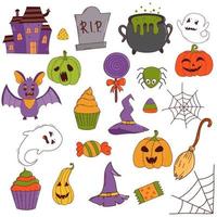 lustiges Halloween-Set Kürbis, Geist, Hexenhut, Fledermaus, Süßigkeiten, Spinne, Besen. Süßes oder Saures-Konzept. vektorillustration im handgezeichneten stil vektor