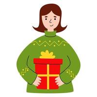 ung kvinna med ny år gåvor. rolig tecknad serie tecken framställning för jul. flicka tar emot presenterar. jul försäljning eller hemlighet santa överraskningar begrepp. vektor platt illustration.