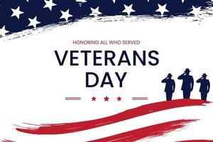 veteranentageshintergrund mit silhouette von soldaten und usa-flaggenpinsel. vektor