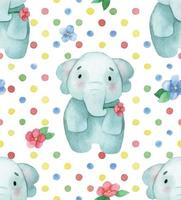 vattenfärg sömlös mönster. med söt liten djur. bebis elefant med blommor och färgad polka prickar på en vit bakgrund vektor