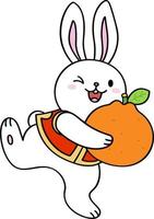 Kaninchen hebt seine Füße und hält eine Orange vektor