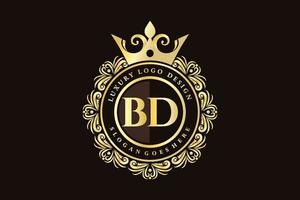 bd första brev guld calligraphic feminin blommig hand dragen heraldisk monogram antik årgång stil lyx logotyp design premie vektor