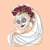 kvinna ansikte i blomma krans och socker skalle smink vektor minimal konst illustration.abstrakt kvinna gotik portrait.dia de los muertos affisch med katrina skalle.läskigt flicka död- brud