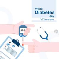 värld diabetes dag begrepp broschyr design. använder sig av din egen blod glukos meter. med blod socker testa resultat vektor