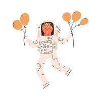 Kinderastronaut mit Luftballons in seinen Händen. Vektorillustration im flachen Stil, Postkarte. vektor