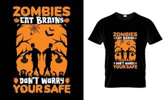 halloween t-shirt design vektor mall- zombies äta hjärnor gör inte oroa själv vektor design av pumpa, häxa, grav, måne och skrämmande natt. skrämmande lätt tryckbar t skjorta design för män.