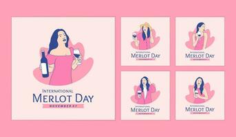 illustrationer skön kvinna njut av innehav merlot vin för internationell merlot dag social media inlägg samling vektor