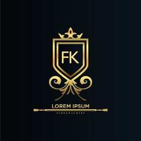 fk brev första med kunglig mall.elegant med krona logotyp vektor, kreativ text logotyp vektor illustration.