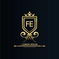 fe brev första med kunglig mall.elegant med krona logotyp vektor, kreativ text logotyp vektor illustration.