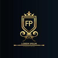 fp brev första med kunglig mall.elegant med krona logotyp vektor, kreativ text logotyp vektor illustration.