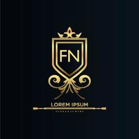 fn brev första med kunglig mall.elegant med krona logotyp vektor, kreativ text logotyp vektor illustration.