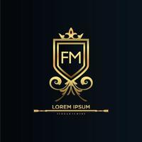 fm brev första med kunglig mall.elegant med krona logotyp vektor, kreativ text logotyp vektor illustration.