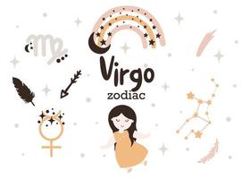 printvirgo zodiaken tecken ClipArt - söt barn horoskop, zodiaken stjärnor, konstellation, regnbåge, planet, pil och komet isolerat vektor illustration på vit bakgrund. söt vektor astro karaktär