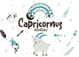 capricornus zodiac sign clipart - niedliches kinderhoroskop, tierkreissterne, konstellation, regenbogen, planet, pfeil und komet isolierte vektorillustration auf weißem hintergrund. niedlicher astrologischer vektorcharakter vektor