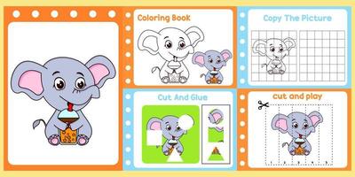 arbeitsblattpaket für kinder mit elefantenvektor. Lernbuch für Kinder vektor