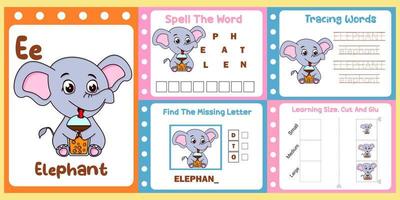 arbeitsblattpaket für kinder mit elefantenvektor. Lernbuch für Kinder vektor