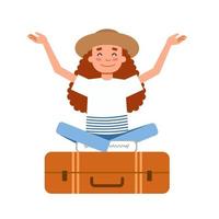 Ein Mädchen mit Hut sitzt im Lotussitz auf einem Koffer. eine Person genießt einen Urlaub. vektor