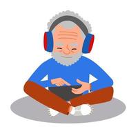 de gammal man är Sammanträde i de lotus placera lyssnande till musik med hörlurar och spelar på en läsplatta. vektor