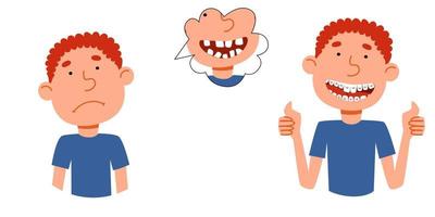 konzept einer illustration zum thema korrektur eines lächelns. die Jungenfigur ärgert sich über ihre schiefen Zähne, ein Teenager mit Zahnspange beweist Klasse. vektor