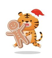 süßes Tiger-Charakter-Maskottchen mit Lebkuchenmann, fröhliches Feiern von Weihnachten, Vektor-Cartoon-Stil vektor