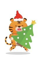 süßes tiger-charakter-maskottchen mit weihnachtsbaum, glücklich, weihnachten zu feiern, vektor-cartoon-stil vektor