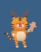 süßes Tiger-Charakter-Maskottchen mit Lebkuchenmann mit Geweih, glücklich, Weihnachten zu feiern, Vektor-Cartoon-Stil vektor