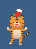 süßes tiger-charakter-maskottchen mit weihnachtsstrumpf, glücklich, weihnachten zu feiern, vektor-cartoon-stil vektor