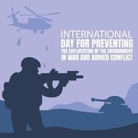 Illustrationsvektorgrafik der Silhouette eines Soldaten, der eine Waffe hält, die auf dem Schlachtfeld kämpft und die Silhouette eines Panzers und Hubschraubers zeigt, perfekt für den internationalen Tag usw. vektor