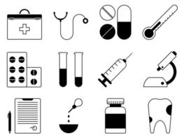 Reihe von medizinischen Symbolen. Erste-Hilfe-Kasten, Stethoskop, Pillen, Spritze, Zahn, Mikroskop, Reagenzgläser mit Analysen, Arztabschluss. Vektor